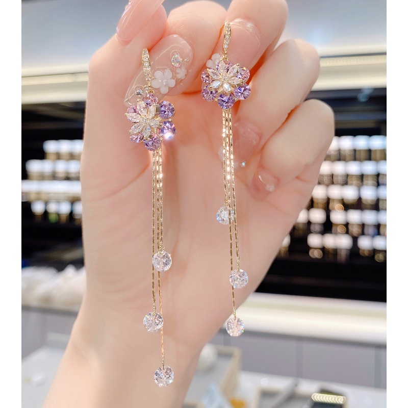 铜合金耳饰 耳环女气质时尚设计感亮闪花朵流苏耳钩轻奢高级感长