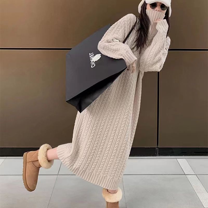 慵懒风高领麻花针织连衣裙2023年秋冬新款毛衣女冬过膝长款打底衫