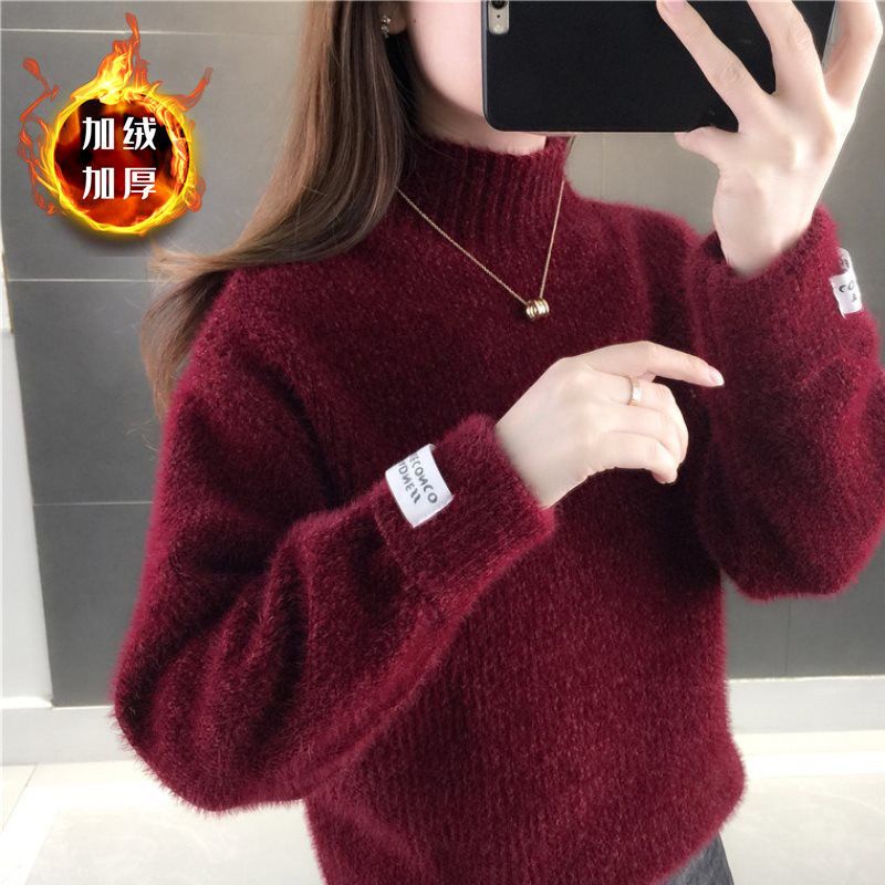 加绒仿水貂绒高领毛衣大码女装胖m宽松加厚雪尼尔打底针织衫200斤