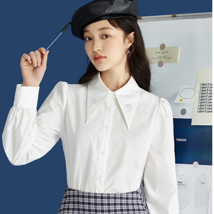 茵曼宽松女2023年春季新款绣花减龄通勤舒适百搭休闲简约涤棉衬衫