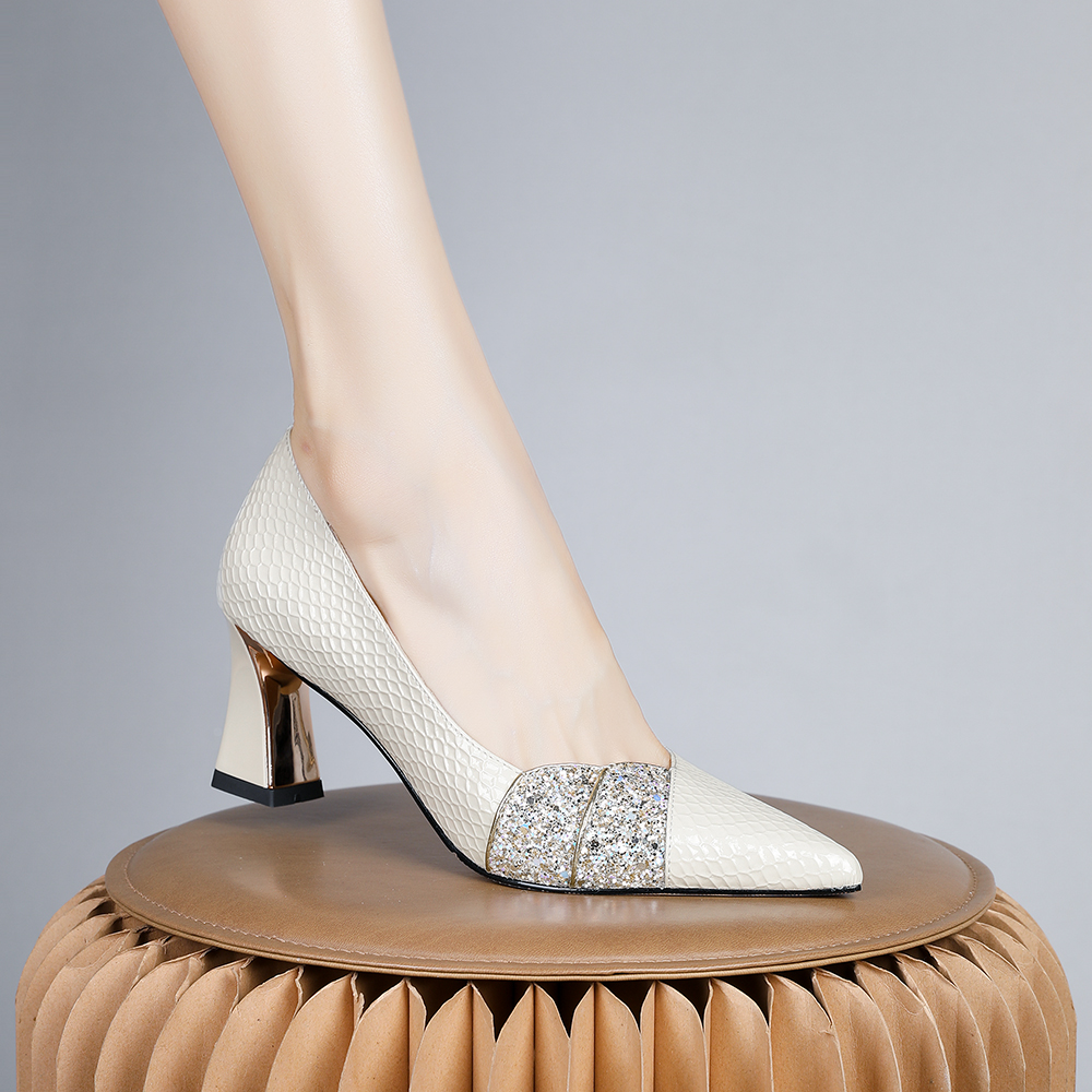 妮彩诗2023年新款气质女鞋亮片百搭优雅薄款浅口尖头高跟单鞋7451