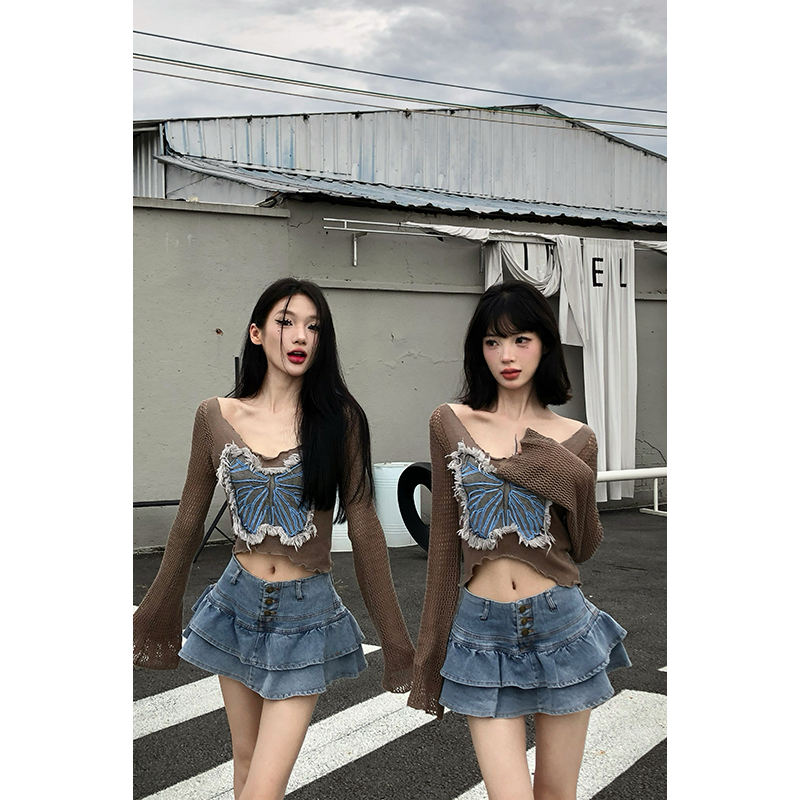 【12YE】辣妹风牛仔荷叶边中腰短裙