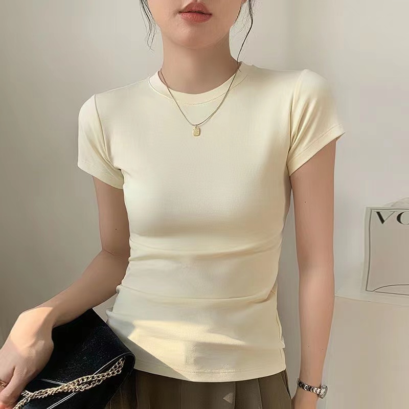 短袖女春夏季新款欧版小众纯色T恤修身百搭垫肩半高领显瘦打底衫