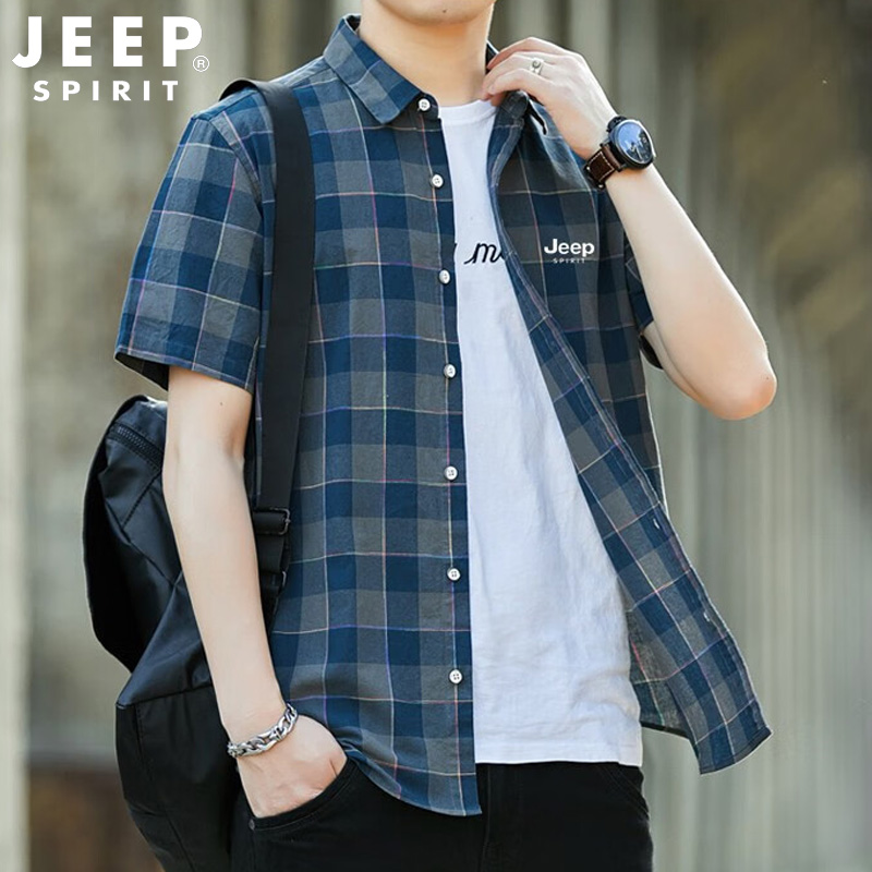 JEEP吉普短袖衬衫男夏季新款衬衣男士时尚休闲格子商务休闲男装薄