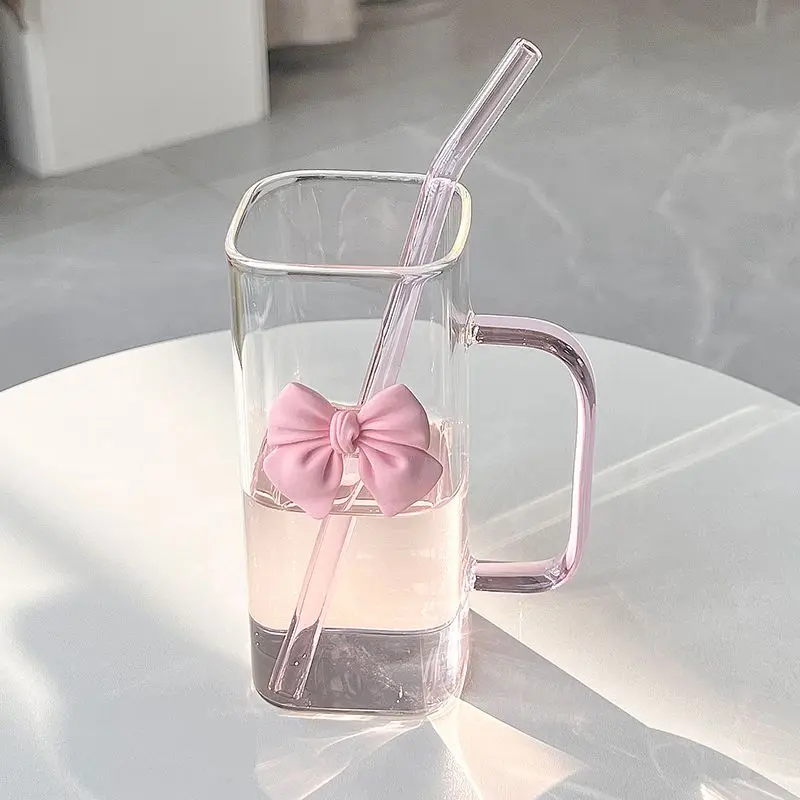透明简约方形水杯女ins风带把手玻璃吸管杯子耐高温咖啡牛奶杯子