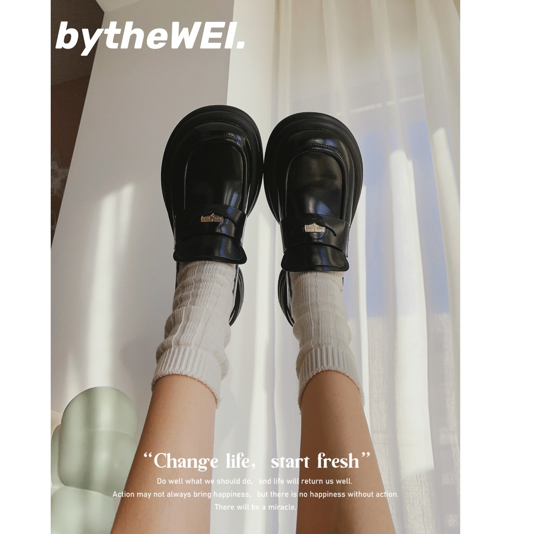 bytheWEI~阿miu家【小金币】英伦风真皮厚底粗跟乐福鞋女小皮鞋