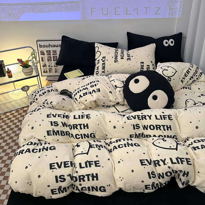 北欧风冬季加绒加厚牛奶绒四件套高颜值双面绒床单被套宿舍三件套