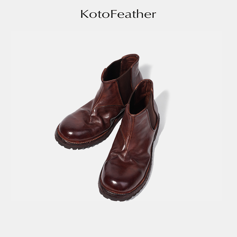 KotoFeather 英伦复古切尔西靴高帮固特异厚底短靴圆头百搭男鞋潮