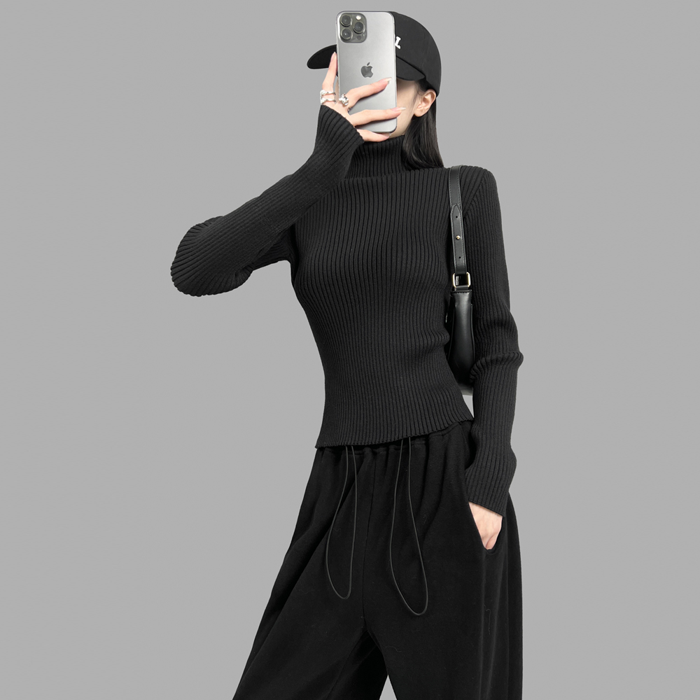 《高领针织衫》欧美风女2022秋冬女装新款修身短款打底衫毛衣百搭