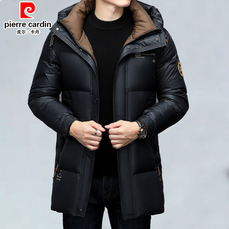 皮尔卡丹中长款男装羽绒服2023新款男士冬季保暖防风连帽加厚外套
