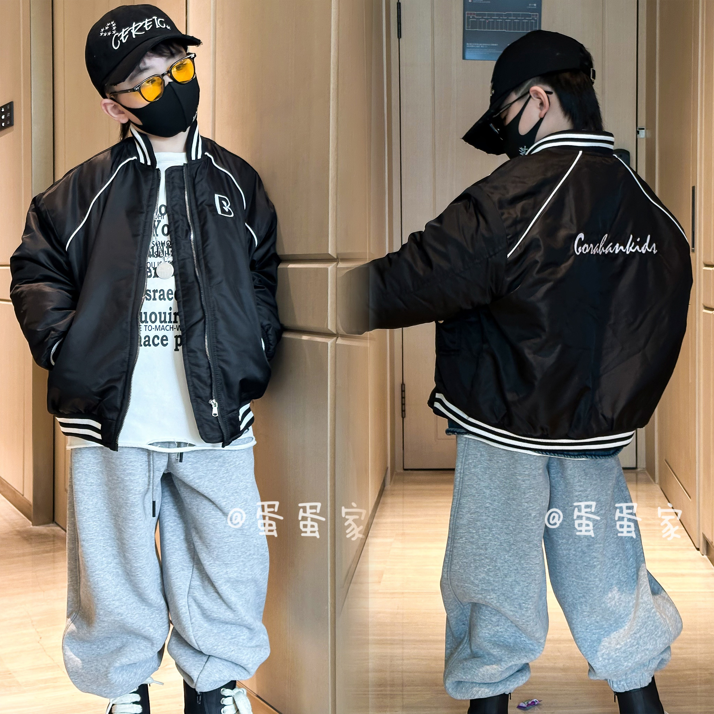 蛋蛋家【B字母棒球服】冬季新款儿童时尚黑色B字母棒球服外套