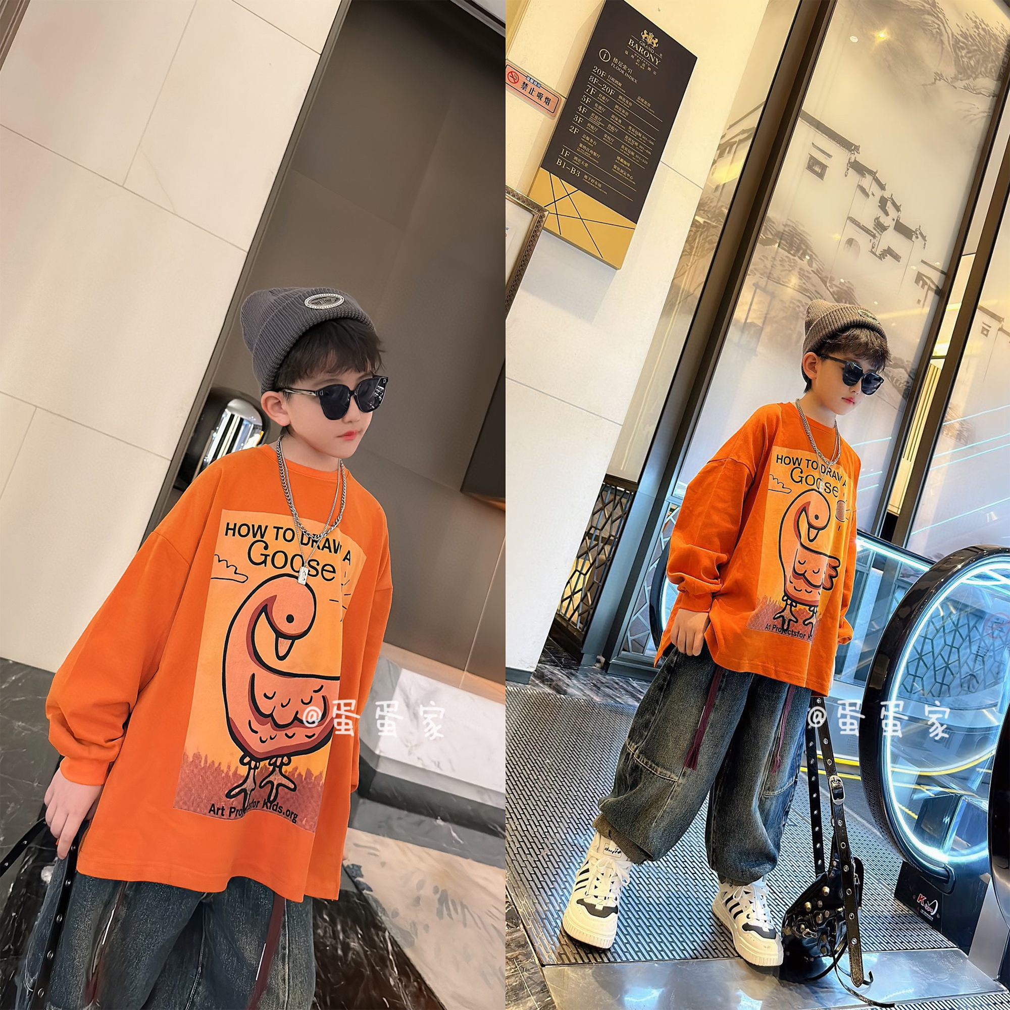 蛋蛋家【黄昏漫步鸭】秋季新款儿童橘色鸭子套头宽松卫衣韩版时尚