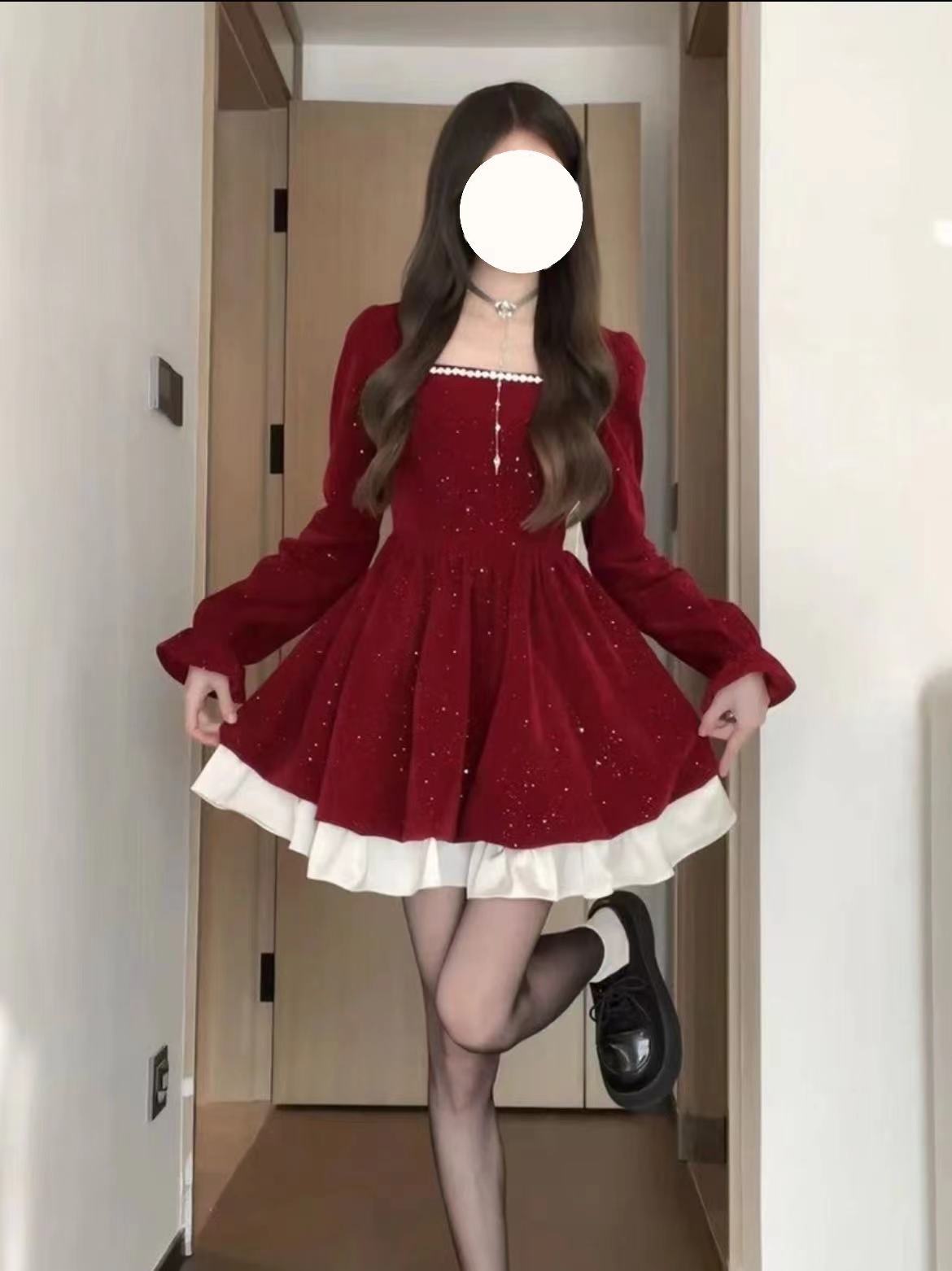 欧尼！【圣诞战裙】甜辣妹方领连衣裙气质小个子收腰显瘦长袖公主裙