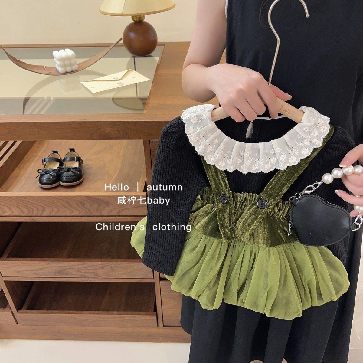 女童背带裙套装秋季新款女宝宝娃娃领打底衫可爱花苞背心裙两件套