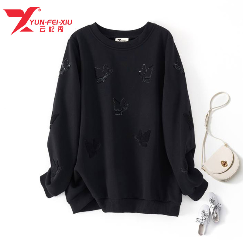 云妃秀大码女装卫衣时尚纯色宽松气质加绒百搭休闲圆领显瘦2268