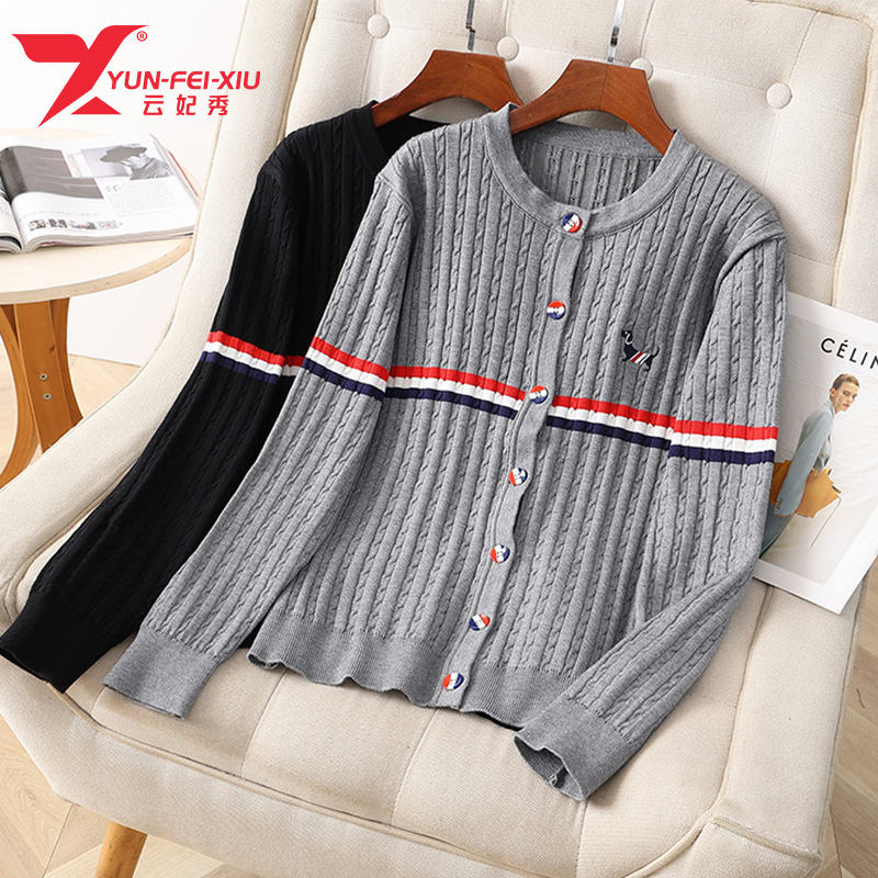 云妃秀大码女装上衣时尚休闲撞色条纹宽松显瘦减龄开衫针织衫1377