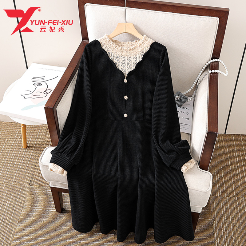 云妃秀大码女装宽松连衣裙休闲胖m百搭拼接显瘦宽松气质长袖20733