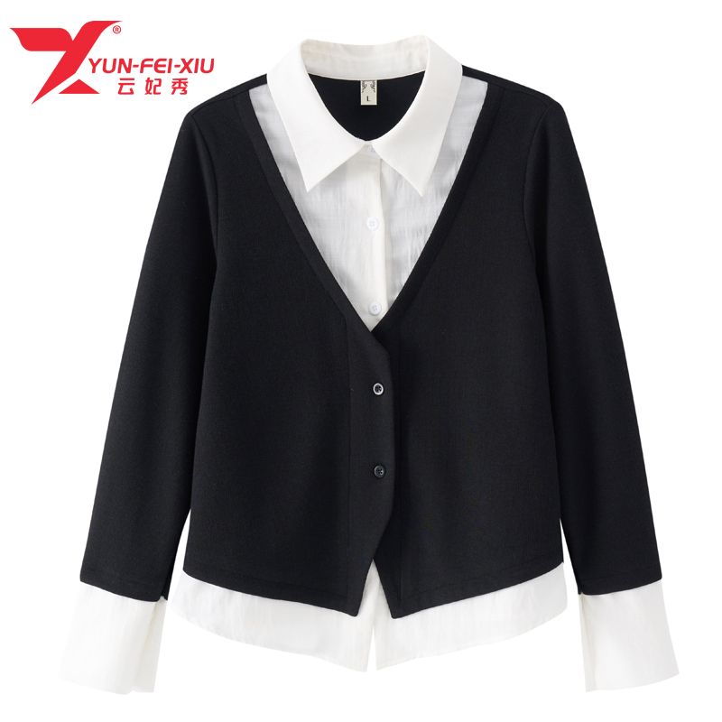 云妃秀大码女装衬衫撞色拼接百搭时尚假两件显瘦遮肉胖妹妹19033