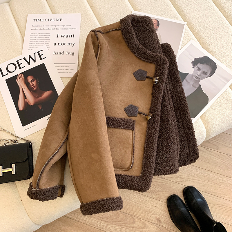 美拉德穿搭韩版外套女2023冬季短款毛呢短外套上衣加绒加厚棉服女