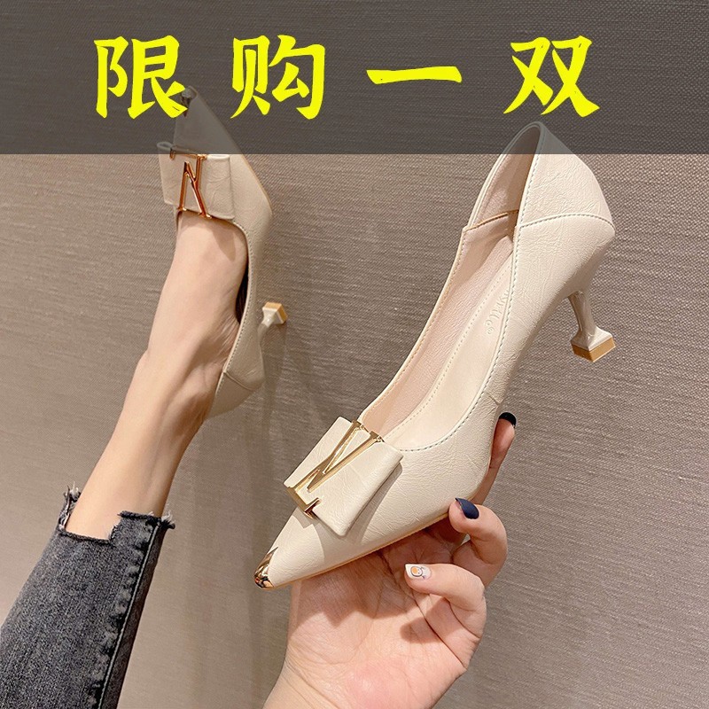 红蜻蜓牌法式高跟鞋气质软皮不磨脚尖头百搭方扣小跟单鞋女2023