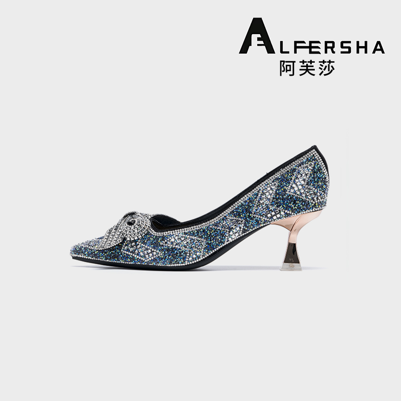 阿芙莎手工鞋97711新款百搭时尚尖头亮钻气质高跟单鞋B