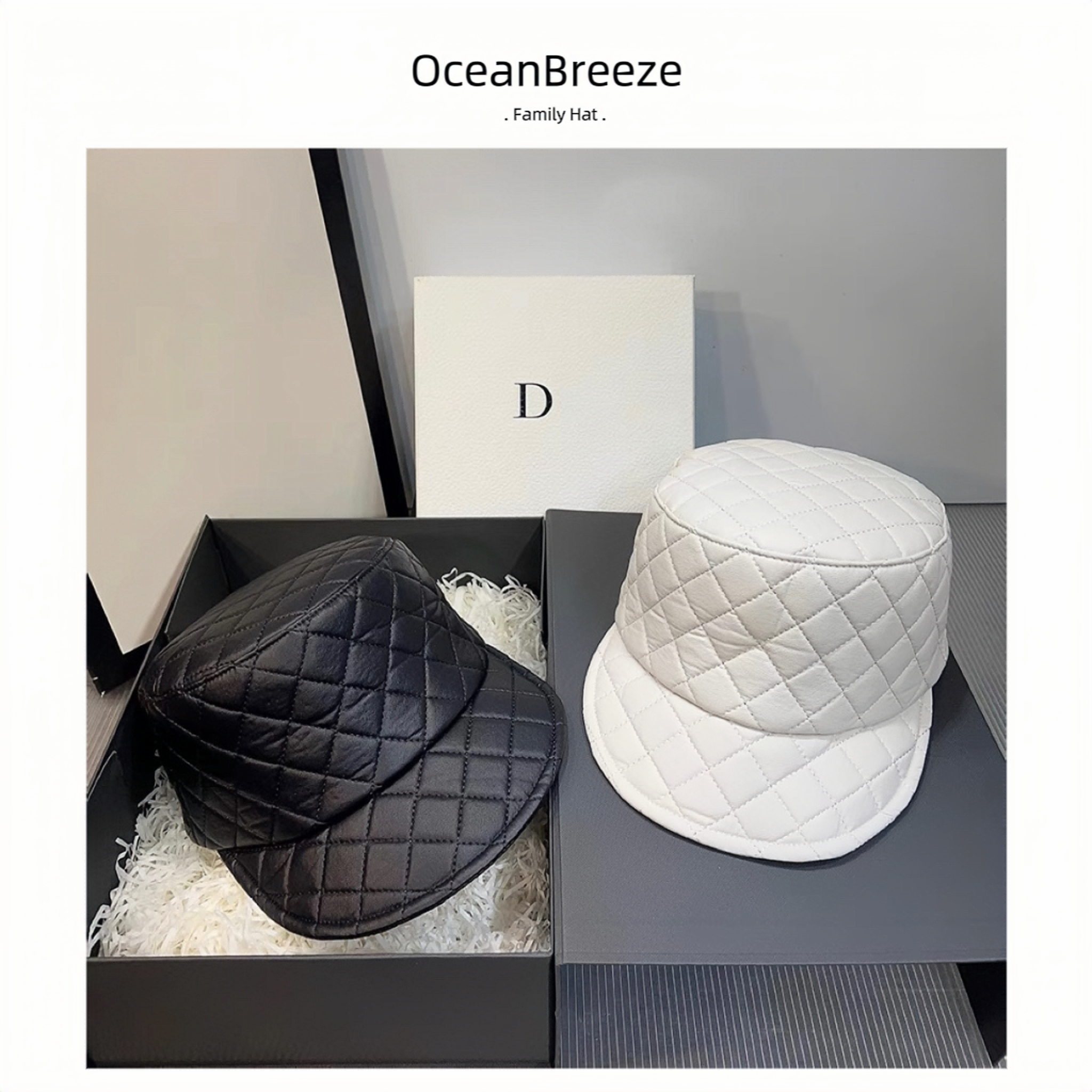 O&B秋冬时尚菱形格哑光皮质平顶帽女网红百搭显脸小马术帽