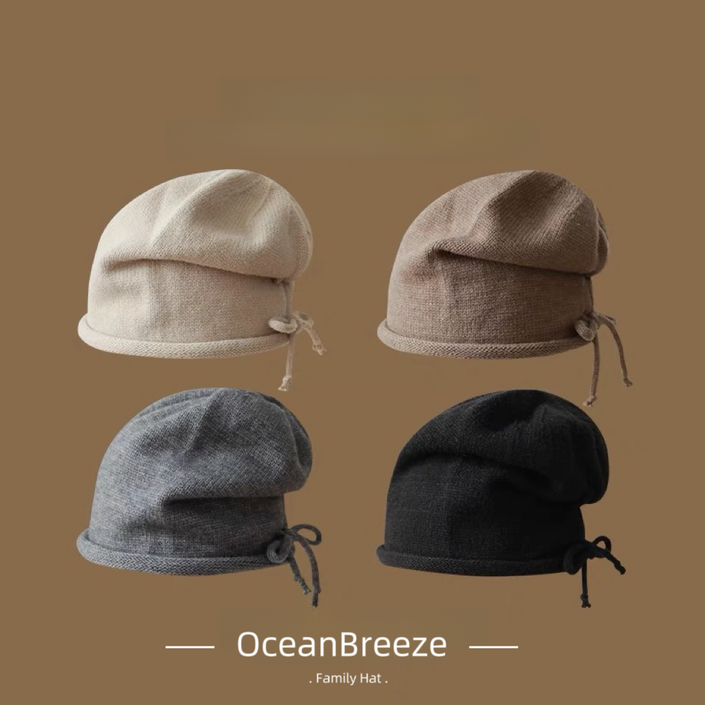 O&B T堆堆帽男女秋冬保暖针织冷帽抽绳毛线休闲百搭显脸小卷边帽