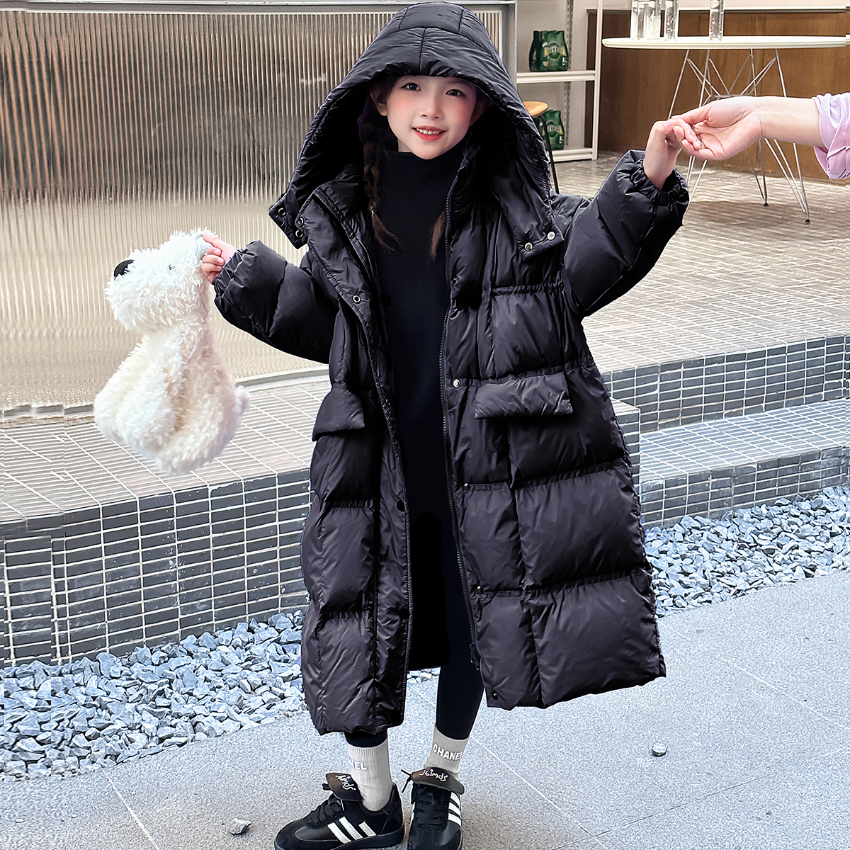 女童羽绒服黑色6-12岁15洋气过膝长款中大童冬季童装儿童冬装外套