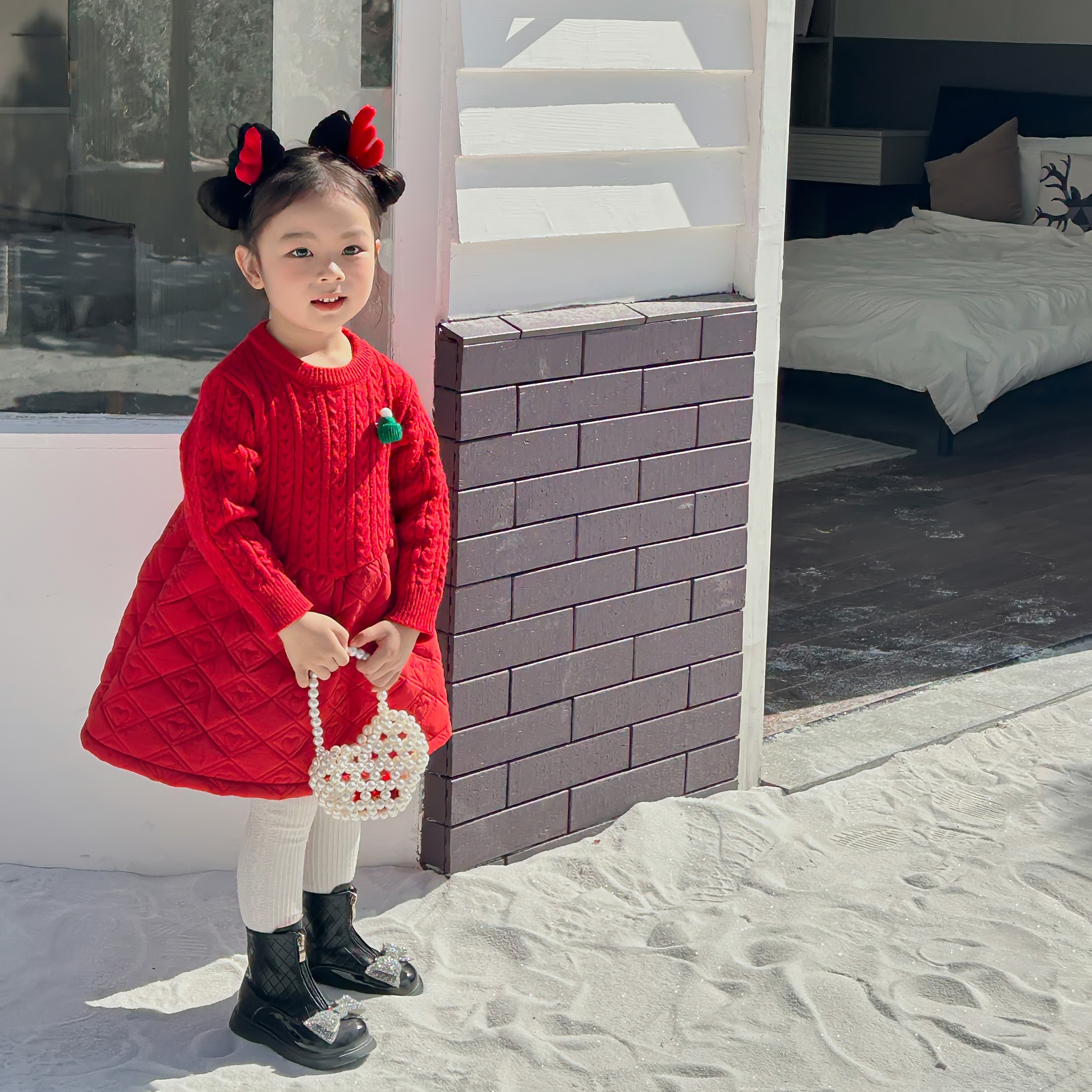童装女童冬季加厚连衣裙洋气拼接针织红色公主裙女宝宝新年连衣裙