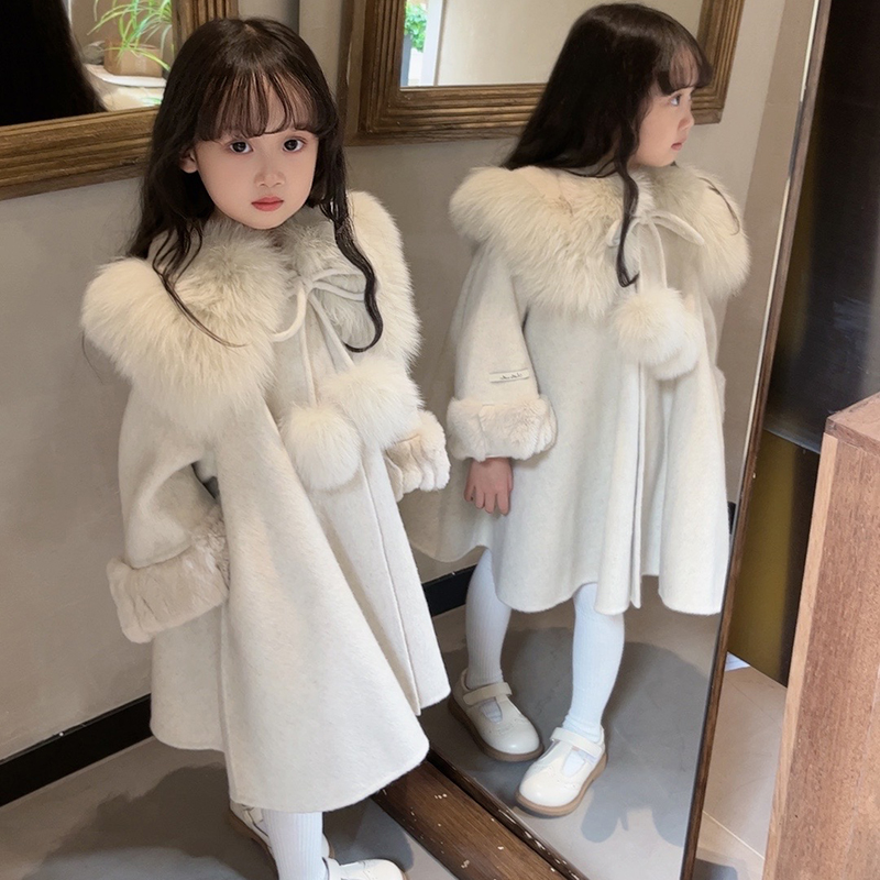壹妈【狐狸毛】高端定制童装女童冬季灰色毛呢大衣儿童风衣外套