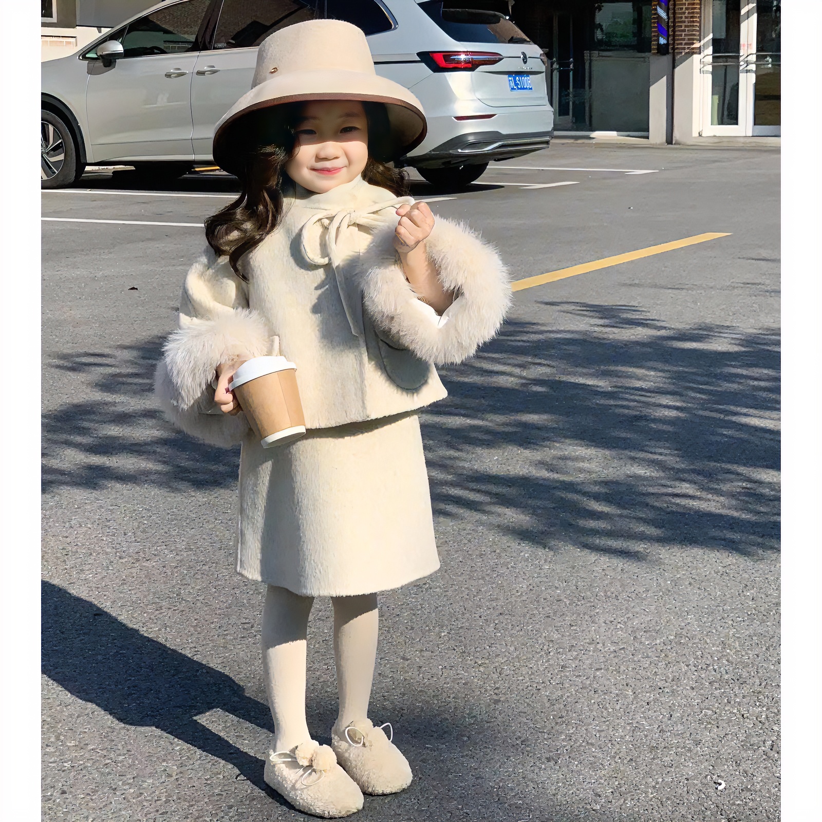 【狐狸毛】女童小香风套装2023秋冬洋气米色毛呢外套背心裙两件套