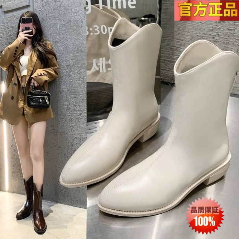 品牌断码真软皮马丁靴女新款尖头v口西部牛仔靴显瘦粗跟白色短靴