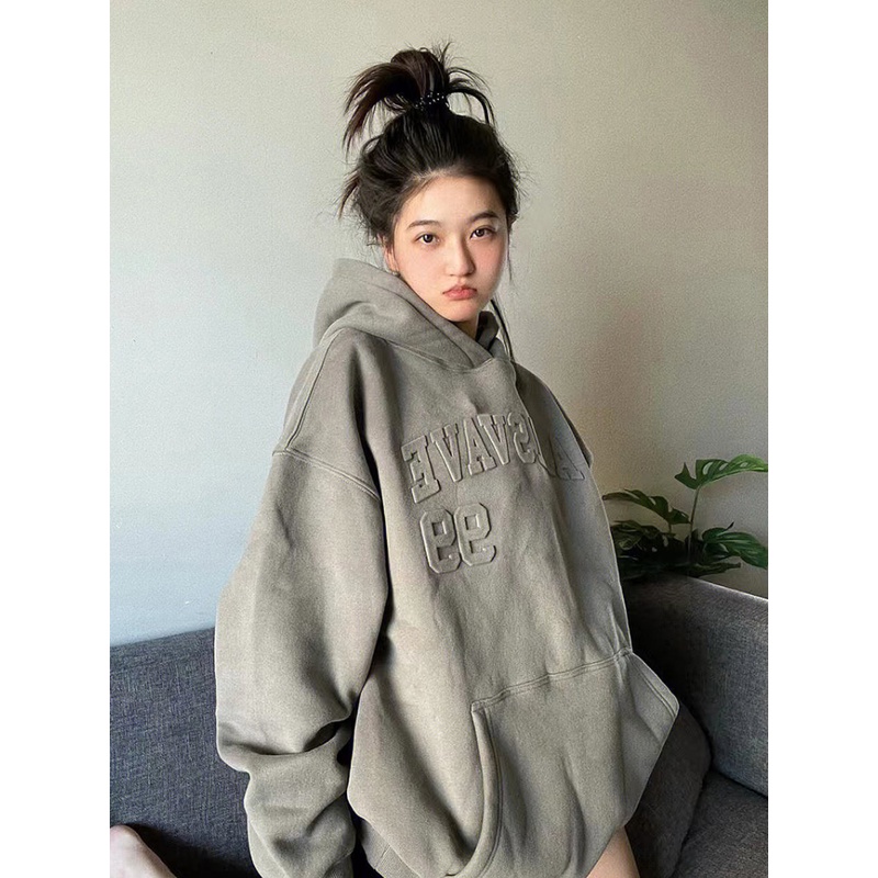 秋新依旗舰店原创新款秋冬季立体压印字母logo加绒连帽衫宽松卫衣