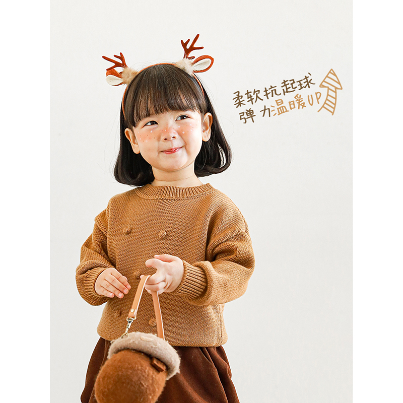 【现货】D2100女童冬季针织衫立体毛球防风保暖宝宝宽松休闲毛衣