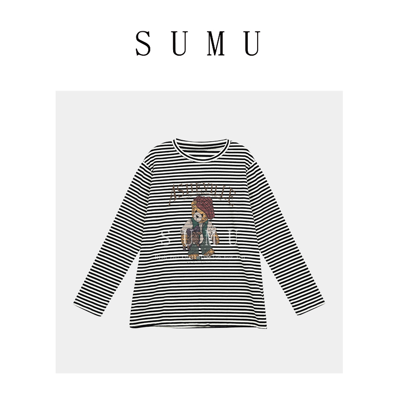 宿慕SUMU 11.16 XH 秋季2023新款卡通小熊条纹长袖打底衫T恤19258