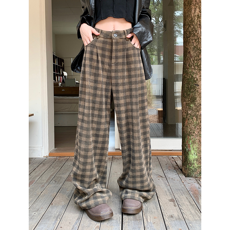 格子裤子女高腰阔腿裤秋冬季新款高个子显身材加长拖地休闲直筒裤