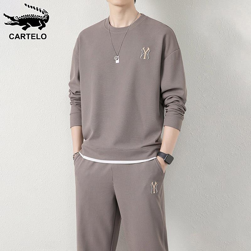 鳄鱼华夫格男士休闲套装2023新款秋季圆领卫衣时尚运动衣服男一套