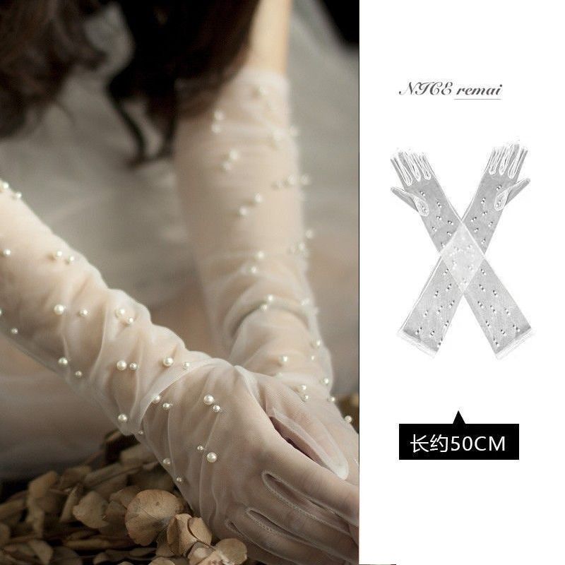 鞠婧祎同款新娘手套白色婚纱珍珠网纱长短款旅拍摄影遮手臂夏薄款