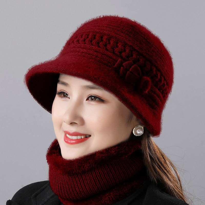 兔毛帽子围脖套装女士中老年冬季加绒保暖防寒针织帽户外骑车毛绒