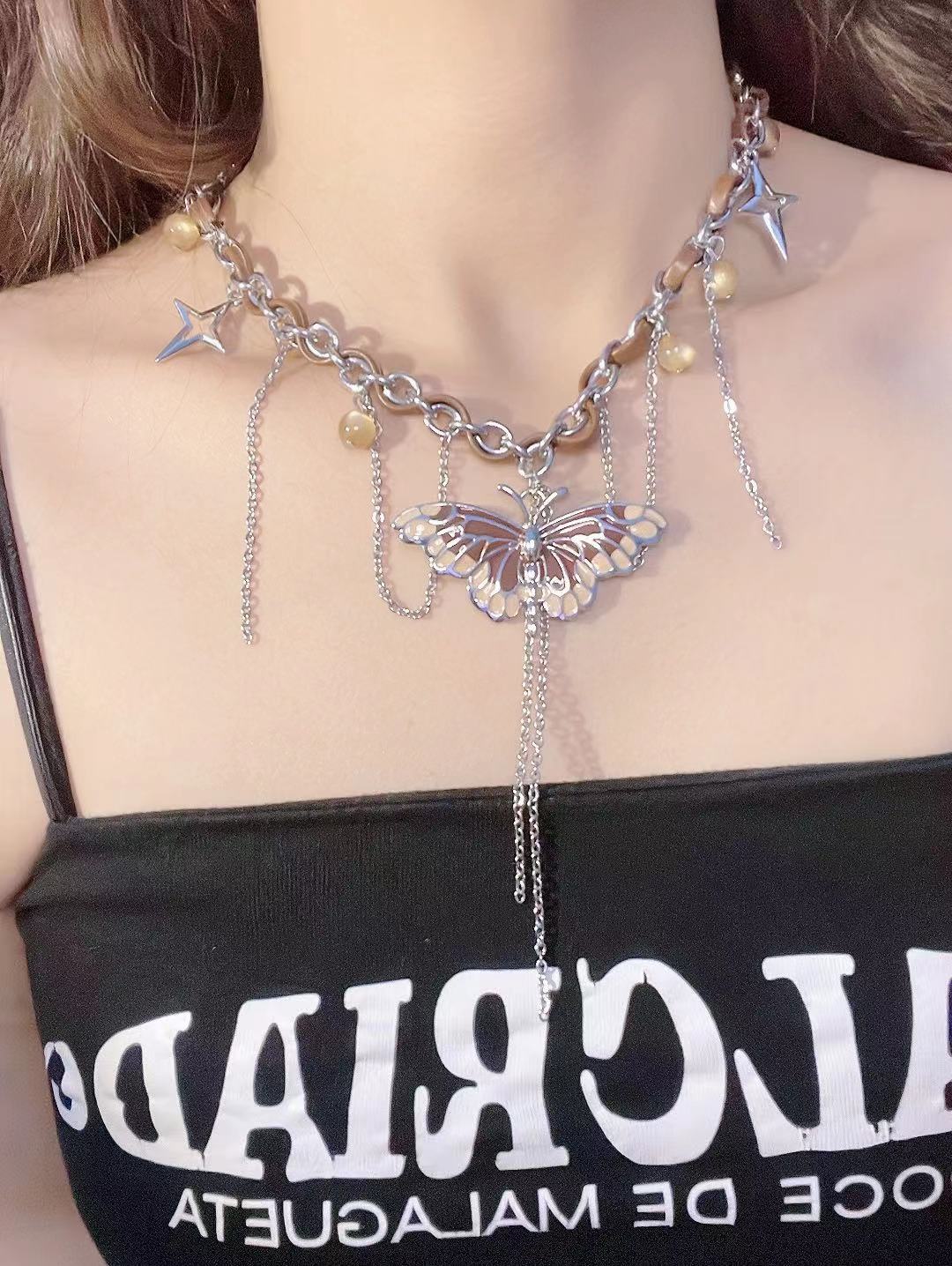 合金莫桑石项链 合金皮质项链四芒星设计感个性蝴蝶流苏项链叠戴