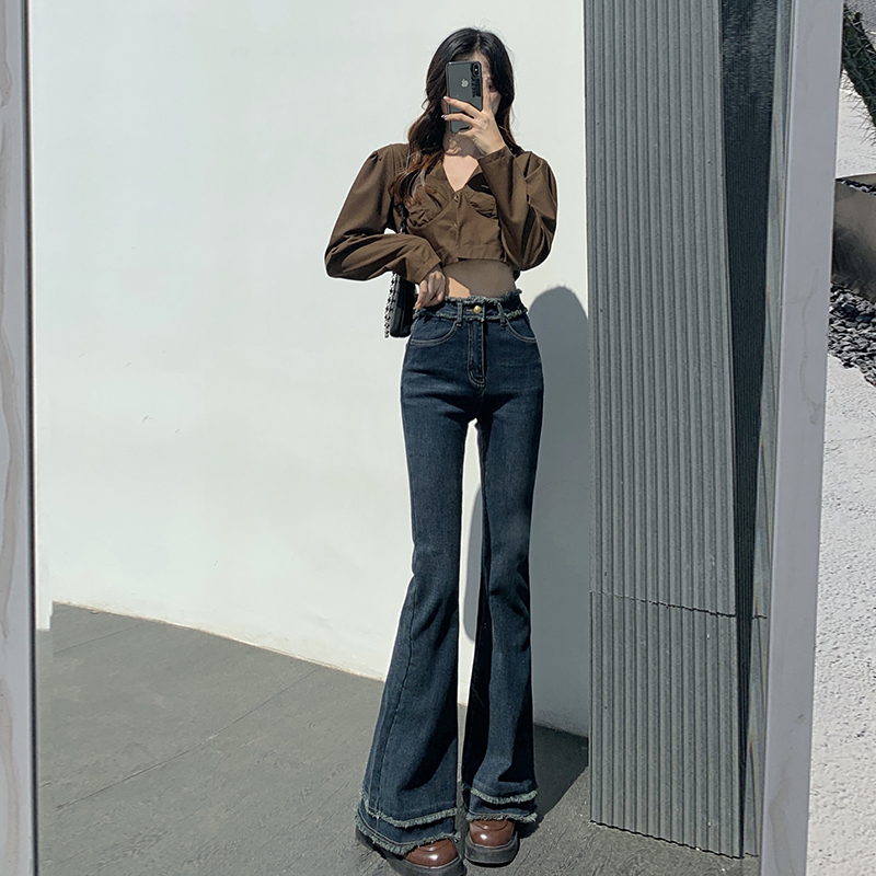 复古微喇叭牛仔裤女2023年秋冬新款高腰显瘦弹力紧身辣妹喇叭裤子
