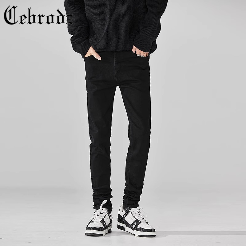 Cebrodz高端纯黑色牛仔裤男夏季韩版潮牌修身小脚弹力百搭休闲裤