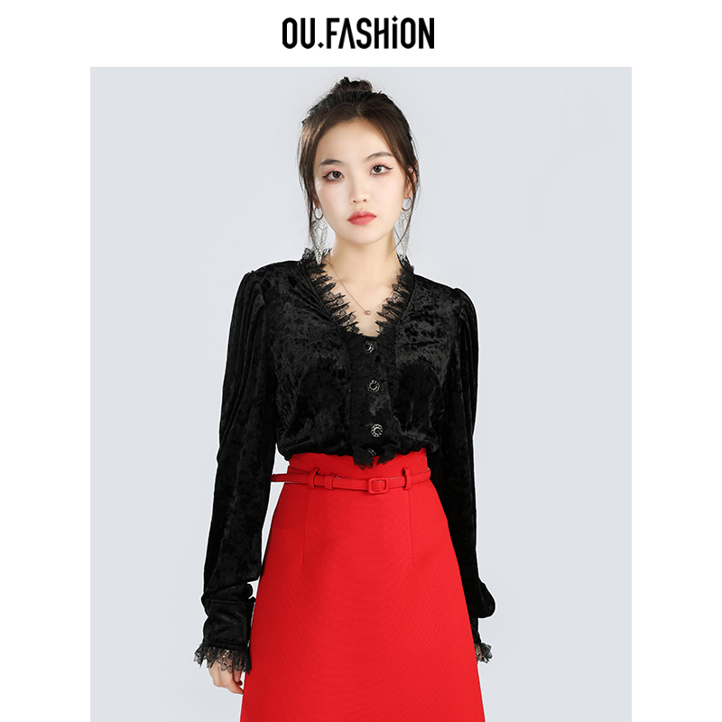 OU.FASHION/欧点黑色优雅气质华丽蕾丝V领边长袖上衣6032240140