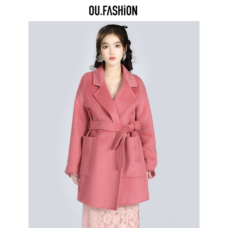 OU.FASHION/欧点气质减龄时尚优雅长袖中短款呢大衣6082240163