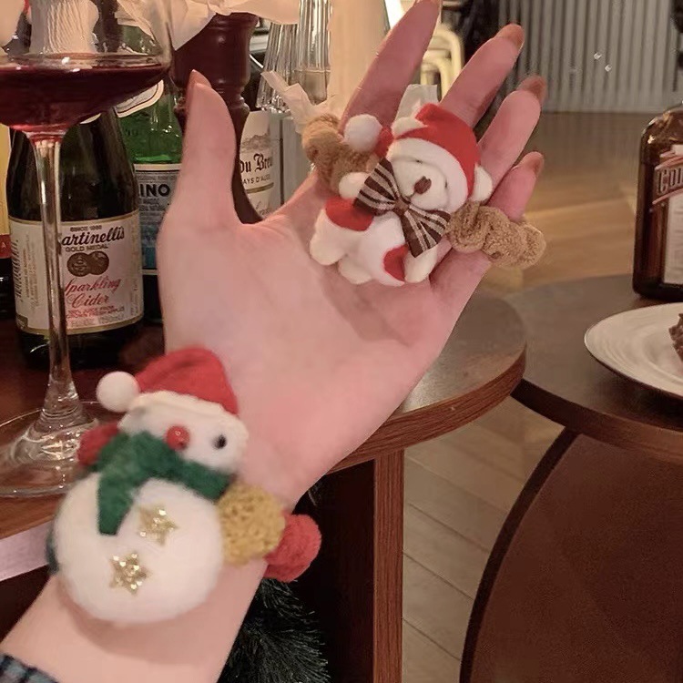 秋冬新款圣诞新年可爱雪人小熊大肠发圈少女儿童毛绒发绳发饰头饰