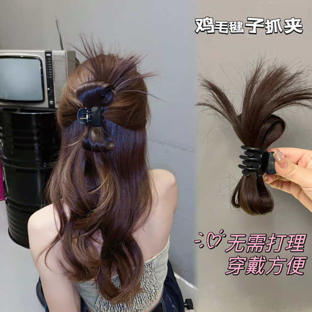 非金属布艺发饰 辣妹半扎鸡毛毽子头假发抓夹慵懒风鸡窝丸子头发