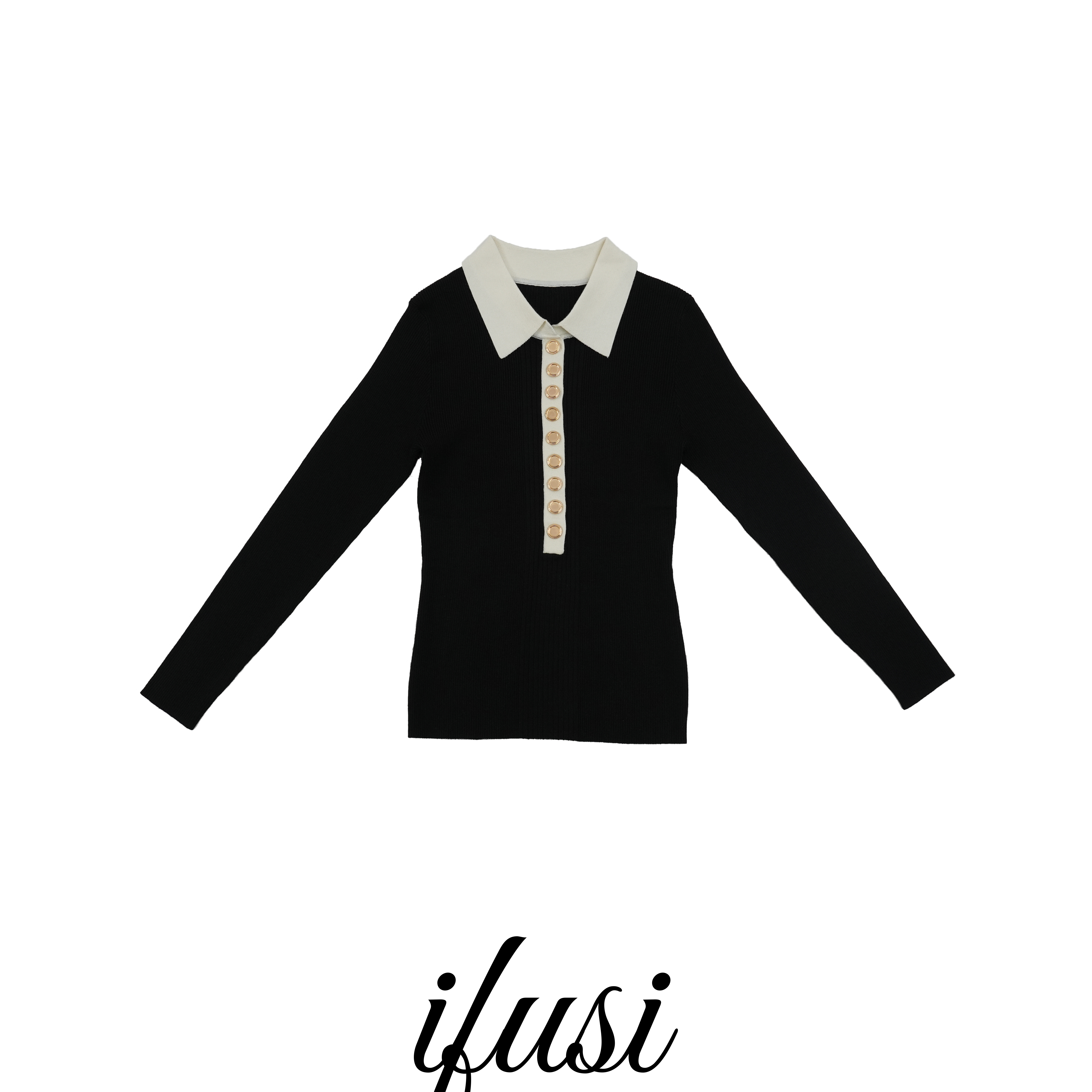【IFUSI】早秋轻奢排扣翻领弹力百搭打底羊毛上衣 F8006