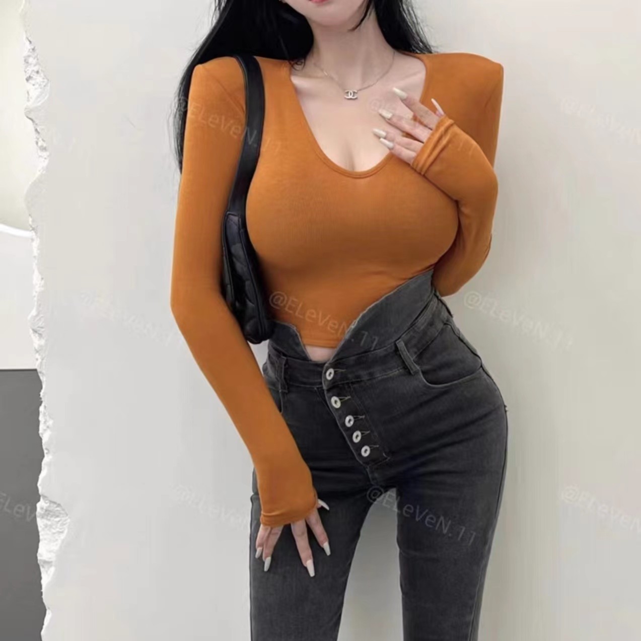 睿夕【路西摩卡长袖上衣】纯欲显瘦时尚带长袖百搭女秋季气质上衣