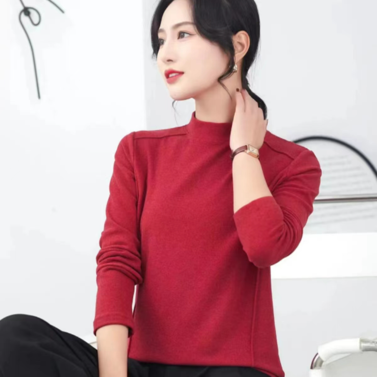 高品质3合1双面澳绒肩线显瘦遮肉长袖T恤内搭保暖打底衫半高领