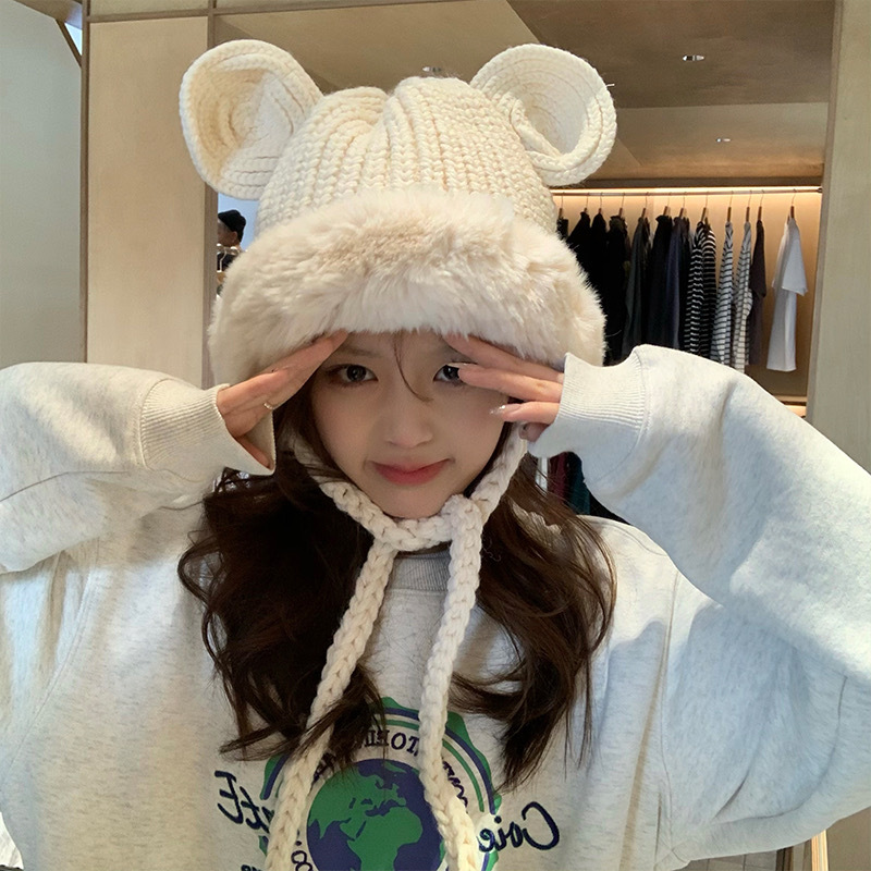 可爱小熊耳朵加绒雷锋帽女冬季防寒护耳帽显脸小针织毛线帽潮百搭